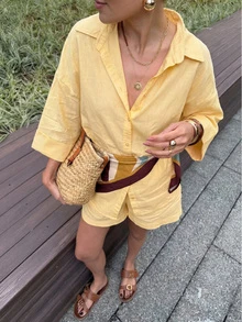 女款春夏新款休閒翻領亞麻混紡襯衫，寬袖涼感上衣，百搭顯瘦老錢風黃色 - 黃色 - 查看 2