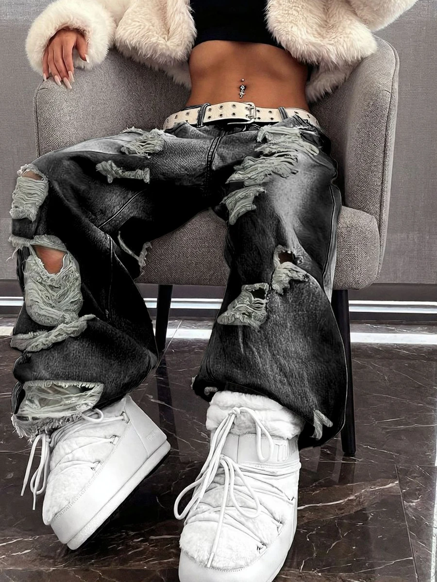 Jeans largos de pierna recta con efecto desgastado, estilo casual y callejero, sin estiramiento, con bolsillos y diseño de cremallera, color negro, para mujer, de verano