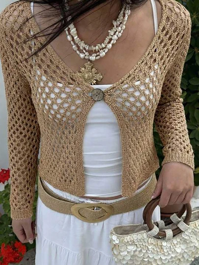 EAVA 女士性感镂空纯色半透明短款开衫，女士度假装，女士夏季套装，夏季上衣，女士沙滩装