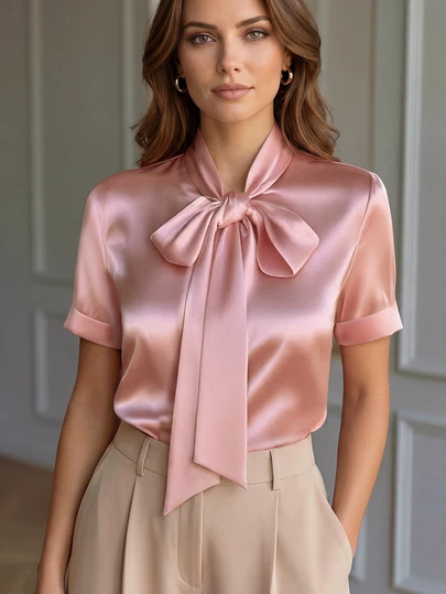 女士缎面蝴蝶结短袖衬衫 - 奢华光泽面料，可拆卸蝴蝶结，袖口收口，适合办公室、约会和派对等场合。透气面料，适合春夏穿着，是职业女性和时尚女士的理想之选，也是情人节和周年纪念日的完美礼物。