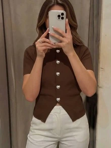 Cárdigan de punto con cuello redondo y botones con forma de corazón para mujer, primavera/verano, casual y elegante, ajustado y de longitud regular; Blusa rosa de manga corta para el Día de San Valentín, adecuada para uso diario en verano - Café integral - Ver 4