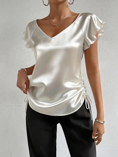 1 chiếc áo kiểu tay ngắn cổ chữ V màu trơn bằng polyester, có dây rút, đa năng cho đi làm, hẹn hò, thường ngày, chất liệu chiffon thoáng khí, phù hợp cho mùa xuân/hè, công sở, hàng ngày, dự tiệc, du lịch. Màu trắng.