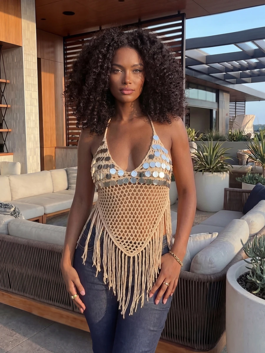 性感亮片装饰流苏下摆露背吊带针织上衣，夏季 - 卡其色 - 查看 1