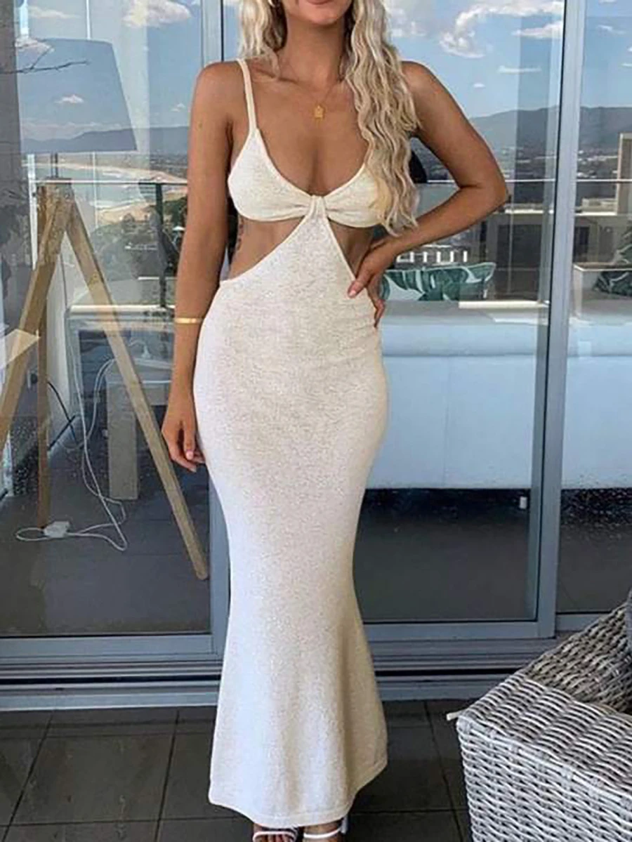 EAVA 女士性感露背修身镂空针织吊带裙，夏季度假装，女士沙滩度假裙，度假裙，沙滩裙，夏季连衣裙 - 白色 - 查看 1