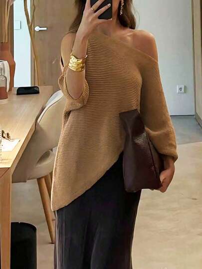 Women's Solid Color Asymmetric Hem 3/4 Sleeve Loose Casual Fashionable Knit Sweater Top, Summer