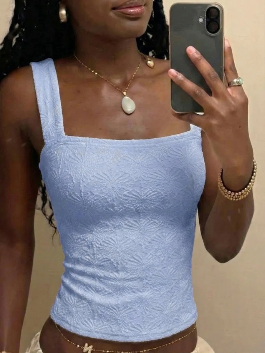 Women's Sexy Fitted Knit Square Neck Top, White Knit Jacquard Textured Fabric Tank Top, Fitted Regular Summer Women's Solid Color Tank Top Casual - Dusty Blue - View 1