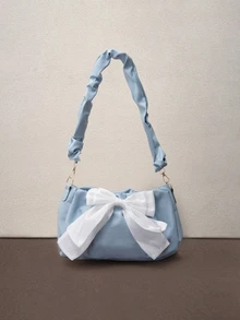Hatastic Bow Decor Pleated Chain Shoulder Bag Music Fest - Baby Blue - View 1