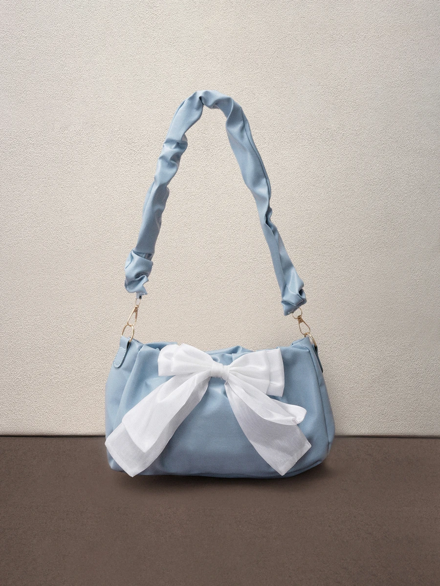 Hatastic Bow Decor Pleated Chain Shoulder Bag Music Fest - Baby Blue - View 1
