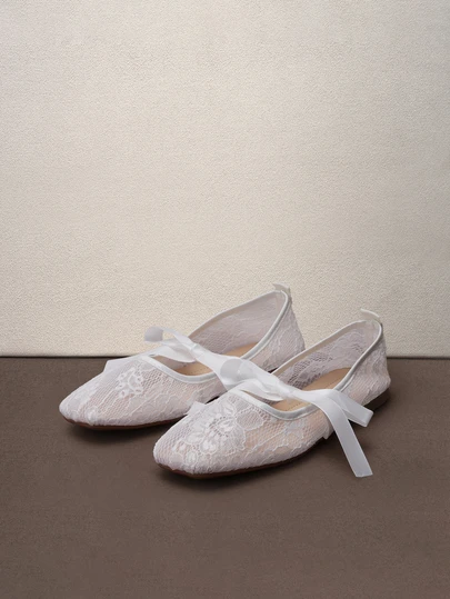 Hatastic Giày bệt nữ mũi vuông thắt nơ, giày bệt lưới ren thoáng khí khoét lỗ thời trang, giày búp bê Mary Jane thanh lịch và dịu dàng cho lễ hội âm nhạc.