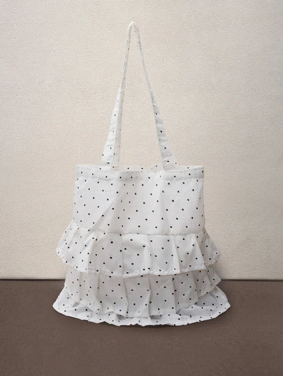 Hatastic 2024 Summer New Mori Style Ruffle Shoulder Canvas Bag, Korean Version Literature & Art Student Tote Bag, Gentle Girl Canvas Bag, Cream Bag Music Fest