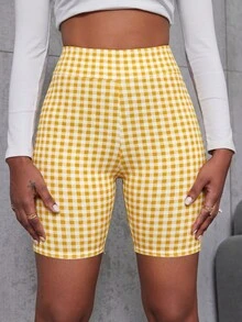 女士黄色格子弹力涤纶休闲骑行短裤 - 黃色 - 查看 3