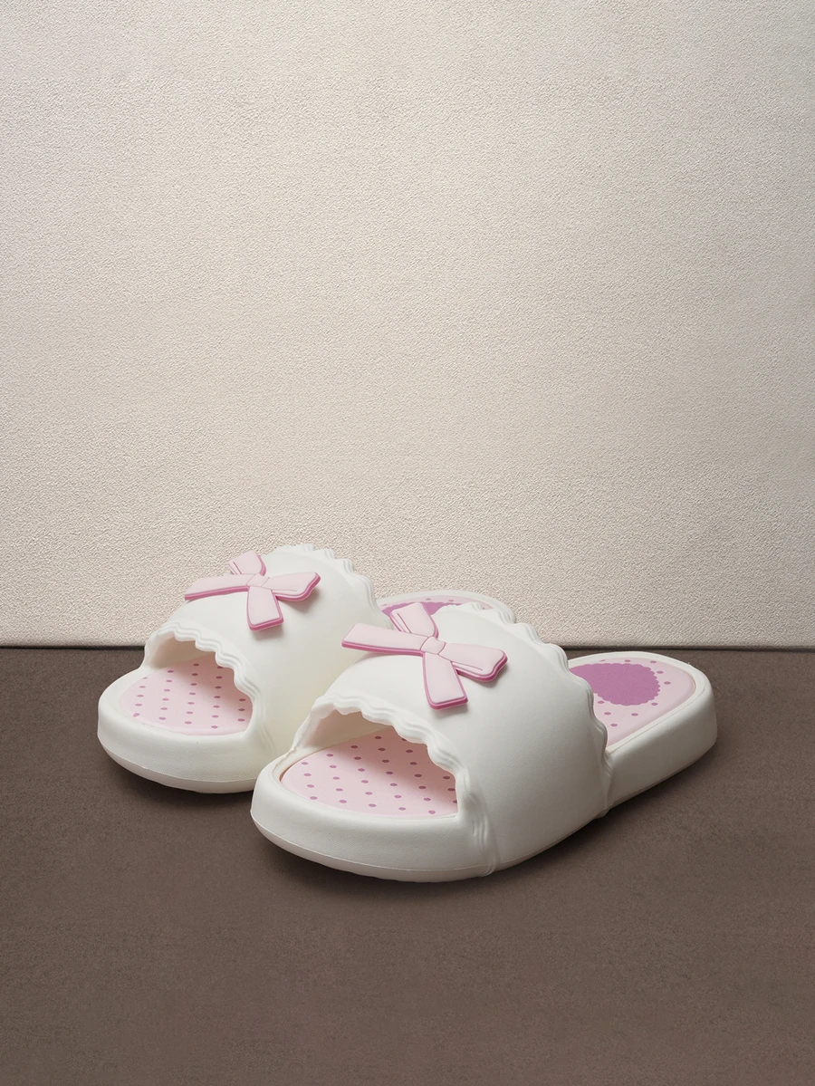 Hatastic 2025 Spring/Summer New Women's Slippers, Pink Bowknot Plastic Sandals, Flat Home Slides For Summer Music Fest - White - View 1