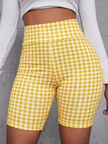 女士黄色格子弹力涤纶休闲骑行短裤 - 黃色 - 查看 1