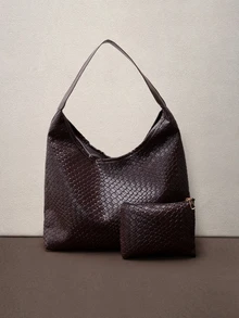 Hatastic 时尚女士新月形编织单肩包，PU皮革斜挎包带零钱包，新款时尚大容量女士音乐节包包 - 咖啡棕 - 查看 4