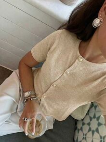 Áo khoác cardigan dệt kim tay ngắn ôm dáng dành cho nữ, màu trơn, thiết kế cúc kim loại, áo len dệt kim mùa xuân/hè giản dị, kiểu dáng thanh lịch đa năng. - Màu Khaki - Xem 1