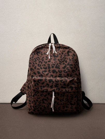 Hatastic 时尚豹纹灯芯绒双肩包，复古休闲风，是校园和学生的理想之选。这款轻便大容量的双肩包是冬季上课、郊游和旅行的完美伴侣。返校必备，适合女性、女孩和学生，可与各种背包配件完美搭配。这款双肩包适合学校、大学使用，具有浓厚的校园风格。大学书包，返校音乐节