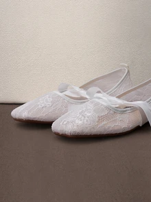 Hatastic Giày bệt nữ mũi vuông thắt nơ, giày bệt lưới ren thoáng khí khoét lỗ thời trang, giày búp bê Mary Jane thanh lịch và dịu dàng cho lễ hội âm nhạc. - Nơ ruy băng trắng - Xem 3