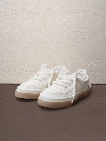 Hatastic Women's White Casual Lace-Up Skateboard Shoes, Fashionable Versatile Leather Sporty Sneakers For Spring Autumn Music Fest