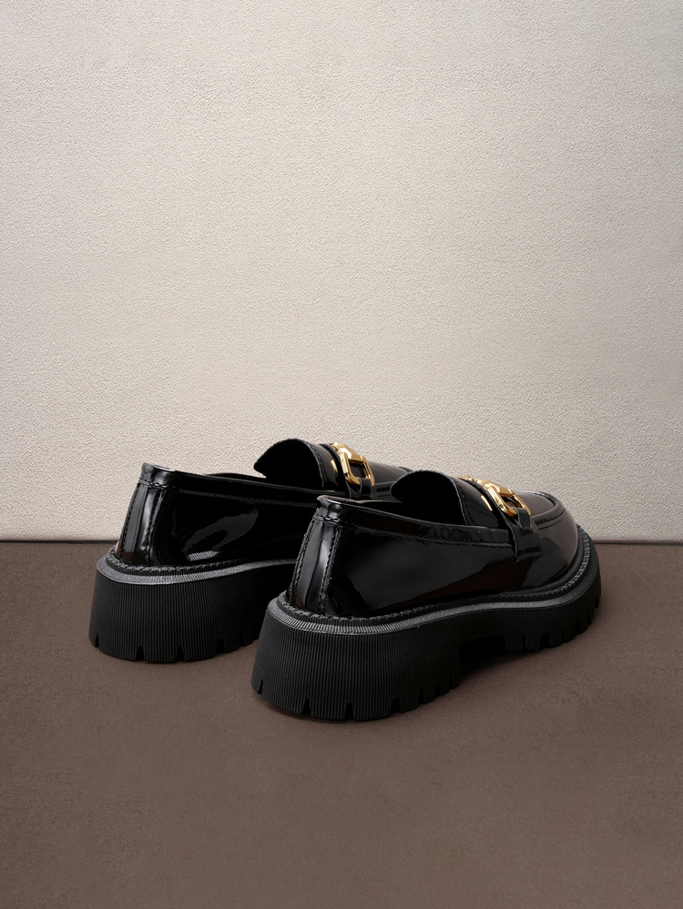 Hatastic 女士百搭方头休闲蝴蝶结装饰低跟套脚乐福鞋，镜面材质，方头设计，套脚，一体式，低跟，复古优雅英伦风，2025新款春夏秋冬黑色亮面软底舒适中跟鞋，适合音乐节穿着 - 黑色 - 查看 4