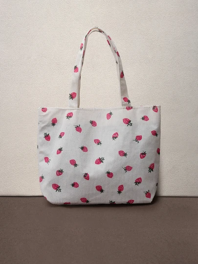 Hatastic Strawberry Printed Tote Bag, Cute Style Tote Bag, Fashionable And Versatile Shoulder Bag For Women, Corduroy, Fashionable & Cute Strawberry Purse Valentines, Tote Bags For Students, Multiple Compartments, Perfect For Beach, School, Work & Daily Use, Literary School Bag For Teens, Book Bag For Women Or Students, Perfect For Books, Shopping , Summer , Kawaii, Vacation, Cream Bag Music Fest
