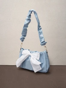 Hatastic Bow Decor Pleated Chain Shoulder Bag Music Fest - Baby Blue - View 5