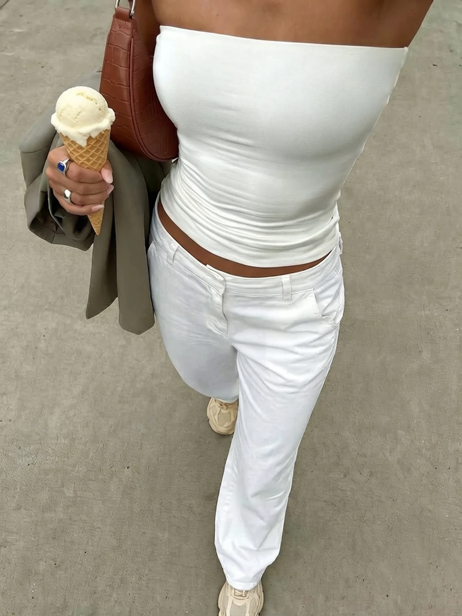 ZOREA Summer New Women's Strapless Top, Sexy, Casual, Vacation, Slim Fit, Short Crop Top, Sleeveless Top, White Top, Summer Top, Music Festival Party,Daily Wear - Beige - View 1