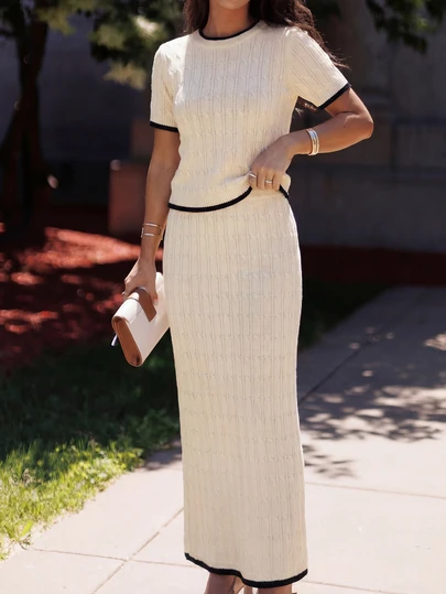 女士时尚优雅简约撞色罗纹两件套，适合日常穿着，四季皆宜，春季必备