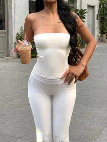 ZOREA Summer New Women's Strapless Top, Sexy, Casual, Vacation, Slim Fit, Short Crop Top, Sleeveless Top, White Top, Summer Top, Music Festival Party,Daily Wear - Beige - View 1