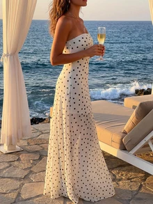 Plameo Elegant Women's Polka Dot Strapless Sleeveless Chiffon Dress, Fitted A-Line Silhouette, Non-Stretch Fabric, Suitable For Summer Occasions/Vacation/Beach/Date White - White - View 1