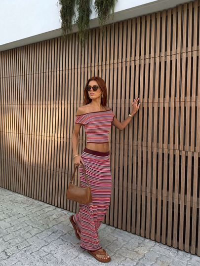 Women's Summer New Contrast Color Striped Knit Dress Set, Vacation