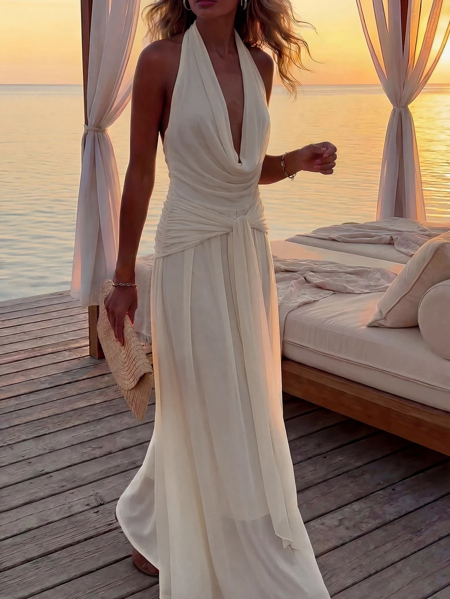 Plameo Elegant Sleeveless Deep V-Neck Dress/Sexy Backless/Knit Fabric/Beach/Vacation/Date/Evening Party - Apricot - View 1