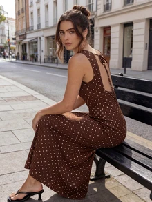 Women's Polka Dot Round Neck Elegant Waist Cinching Long Party Dress Summer - Coffee - View 6