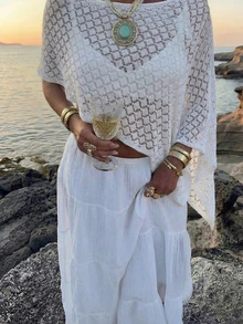 Bộ sưu tập áo len nữ mùa hè mới của SEREN, áo kiểu ren mùa xuân/hè, áo len dệt không đều, áo viền gợi cảm, trang phục đi biển, áo len mùa hè, trang phục ngày lễ. - trắng - Xem 1