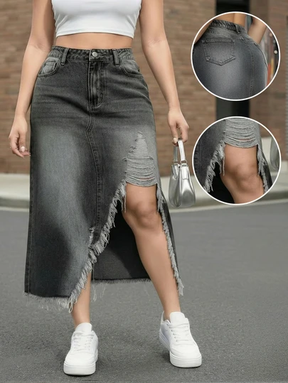 Chân váy denim đen mài bạc dáng lửng ôm sát dành cho nữ cỡ lớn, thiết kế bất đối xứng, gấu váy tua rua rách, có túi, đa năng cho mặc hàng ngày, kỳ nghỉ hè, mùa xuân.