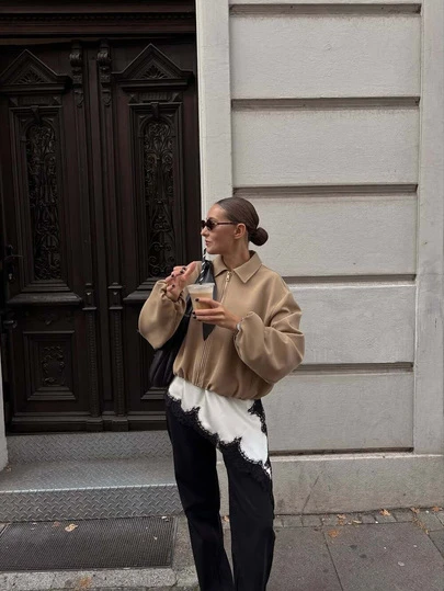 Women's Casual Solid Color Zipper Jacket With Pockets, Fashion Bomber Jacket, Long Sleeve, Regular Length, Suitable For Autumn/Winter