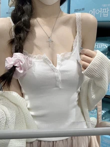 Spring/Summer Sexy Lace Patchwork Button Gentle Innerwear Lightweight Slightly Sheer Sweet Girl Camisole Casual White - White - View 3