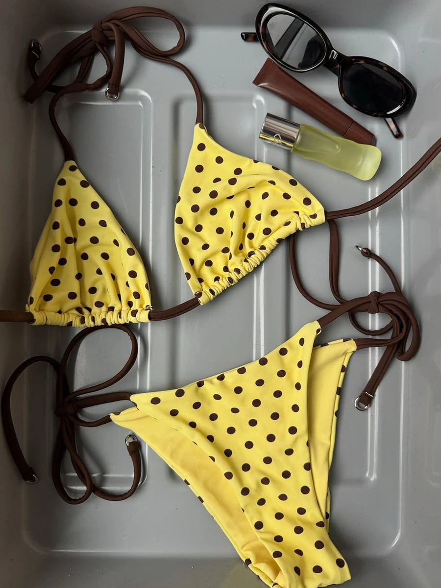 Bộ đồ bơi 2 mảnh chấm bi buộc dây cổ, gợi cảm, thời trang, dễ thương dành cho nữ, thích hợp cho bãi biển, kỳ nghỉ và hẹn hò, hàng mới về mùa xuân/hè. - Màu vàng - Xem 1