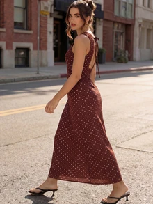Women's Polka Dot Round Neck Elegant Waist Cinching Long Party Dress Summer - Coffee - View 5