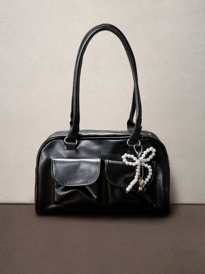 Hatastic 1个极简复古拉链手提包，带口袋，双提手，适合女性休闲通勤、街头风和日系风格，Y2K音乐节