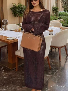 2026春夏新款女士咖啡棕色镂空针织罩衫长裙，露背，修身，长袖，手臂垂坠/轻盈，钩编镂空面料，适合春夏约会、海滩度假、情人节/与朋友的下午茶、海边装扮——性感、精致且应季。 - 咖啡棕 - 查看 2