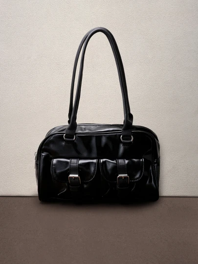 Hatastic 1pc Vintage Minimalist Zipper Tote Bag, Decorated With Pockets, Dual Handles, Suitable For Women's Casual And Commuting Daily Use Music Fest