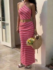 时尚条纹露背粉色系带吊带背心+直筒裙套装，适合女性夏季街头风、派对和约会穿着。 - 彩色 - 查看 2