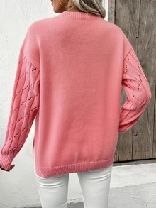 [Top] European And American Style Women's Pink Hollow-Out Knit Sweater, 2026 New Loose Round Neck Long Sleeve Pullover, Retro Soft Cropped Top, Fashion Blogger Same Style Fitted Versatile Knit Sweater, Elegant Hollow-Out Textured Knit Sweater - Pink - View 2