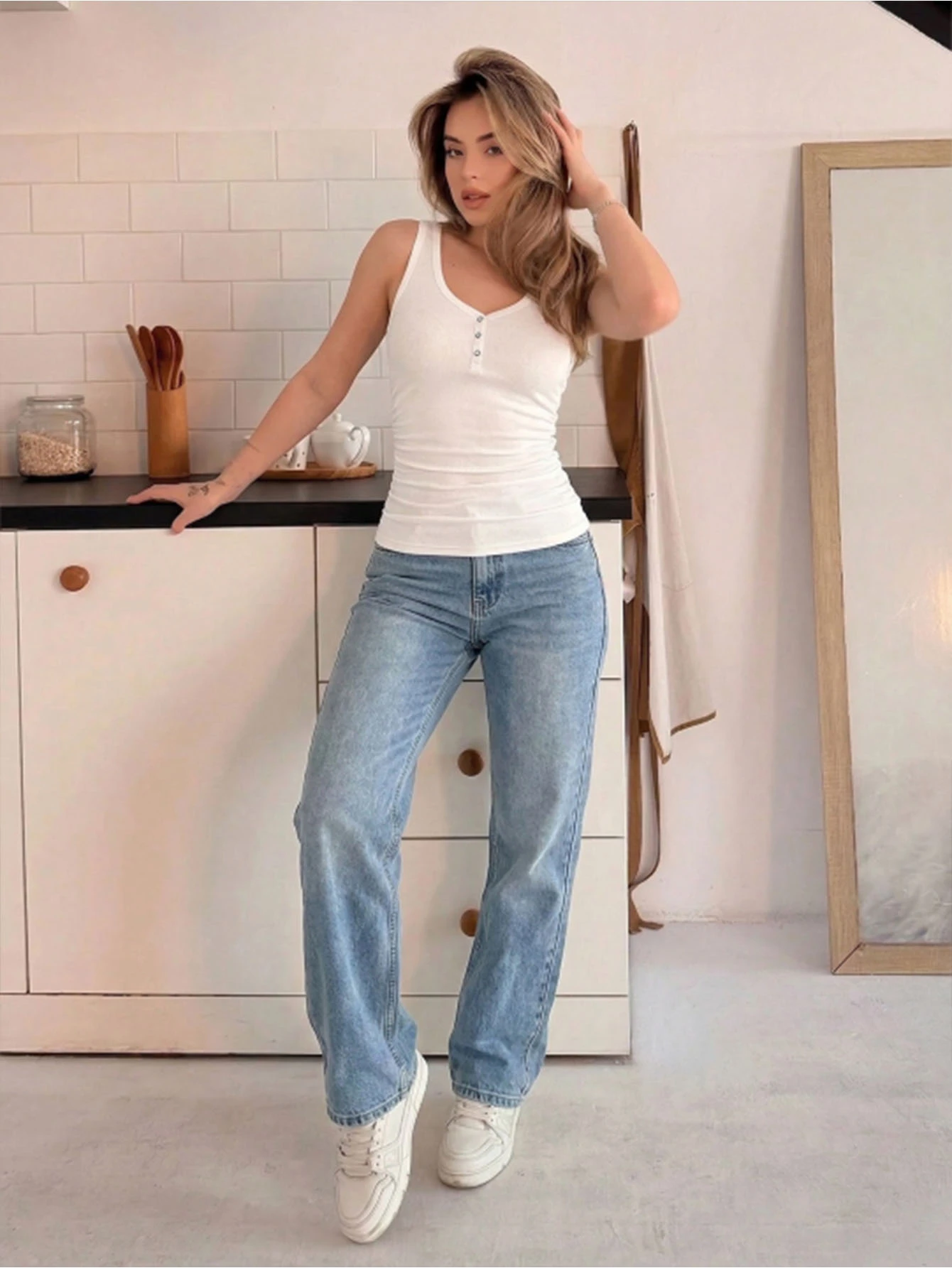 Spring/Summer New Casual Versatile Basic Sleeveless Deep V-Neck Button Ribbed Knit Tank Top, White, Suitable For Western, Boho, Beach, Wedding Guest, Easter, Rave Party, Music Festival, Graduation Ceremony And Other Occasions - White - View 1