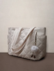 Hatastic Túi xách thời trang mới, dung tích lớn, thiết kế chần bông đính đá, quai xách đôi, thích hợp cho lễ hội âm nhạc. - Màu be - Xem 3