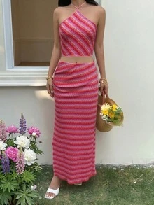 时尚条纹露背粉色系带吊带背心+直筒裙套装，适合女性夏季街头风、派对和约会穿着。 - 彩色 - 查看 6