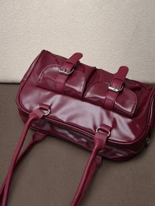 Hatastic 1 chiếc túi tote cổ điển tối giản có khóa kéo, trang trí bằng các ngăn nhỏ, hai quai xách, phù hợp cho nữ giới sử dụng hàng ngày khi đi làm và tham dự các lễ hội âm nhạc. - Màu Đỏ Sâu - Xem 3