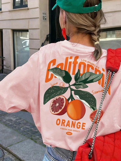 Camiseta de mujer de manga corta con cuello redondo, de estilo casual y vacacional, con estampado de frutas de doble cara, de moda minimalista y versátil para el verano