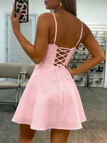 纯色A字露背系带性感连衣裙，适合婚礼派对，优雅 - 淺粉色 - 查看 5