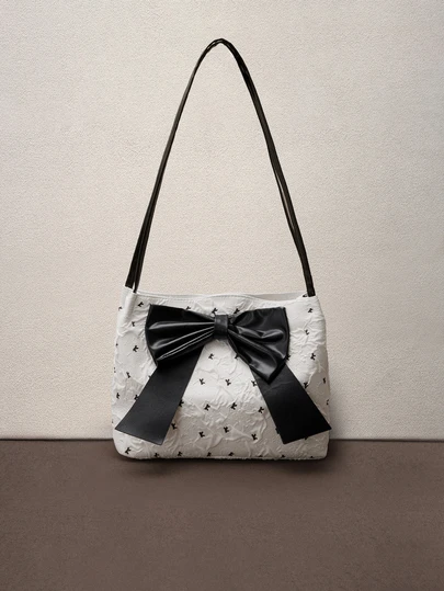 Hatastic Solid Color PU Leather Bow Decor Super Lightweight Fashionable Women Large Capacity Shoulder Bag, Elegant Lady Handbag Music Fest
